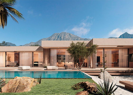 Villa bungalow in legno prefabbricata. Casa unifamiliare di lusso di Quacent. Casa prefabbricata moderna.