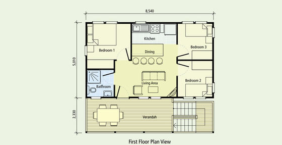 Bungalow sulla spiaggia con struttura prefabbricata in acciaio leggero, aspetto legno, casa in legno